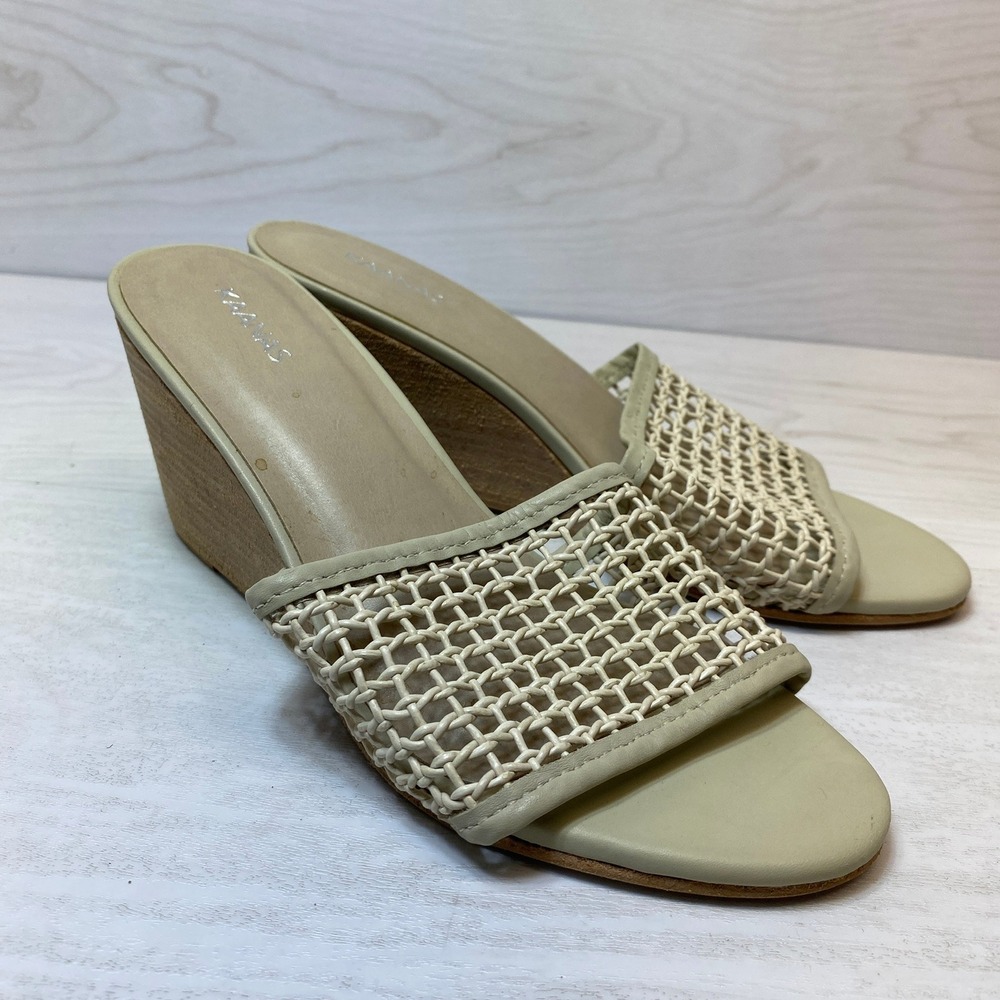 KAANAS Womens 7M Wedge Sandals Slide Woven Lattice Beige Leather Wood Heel 3"